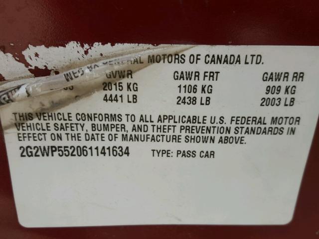 2G2WP552061141634 - 2006 PONTIAC GRAND PRIX MAROON photo 10