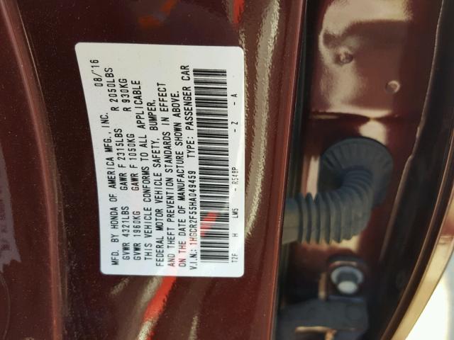 1HGCR2F55HA049459 - 2017 HONDA ACCORD SPO BURGUNDY photo 10