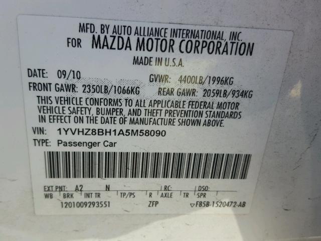 1YVHZ8BH1A5M58090 - 2010 MAZDA 6 I WHITE photo 10