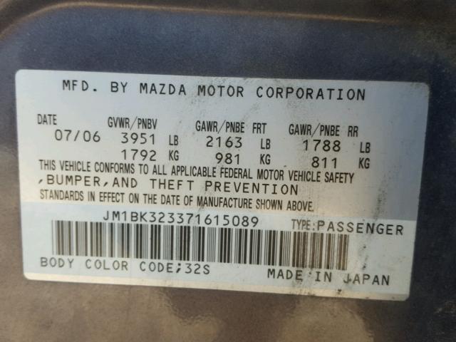 JM1BK323371615089 - 2007 MAZDA 3 S GRAY photo 10