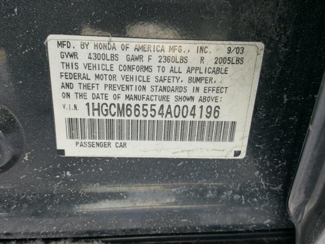 1HGCM66554A004196 - 2004 HONDA ACCORD EX GRAY photo 10