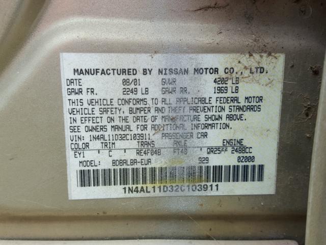 1N4AL11D32C103911 - 2002 NISSAN ALTIMA BAS GOLD photo 10