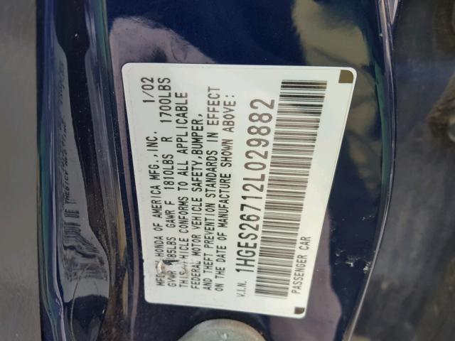 1HGES26712L029882 - 2002 HONDA CIVIC EX ლურჯი ფოტო 10