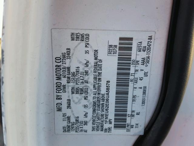 1FMEU62E06UA58578 - 2006 FORD EXPLORER X WHITE photo 10