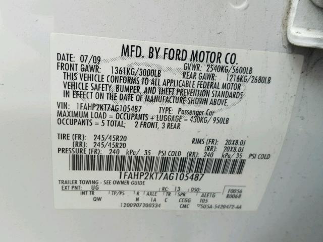 1FAHP2KT7AG105487 - 2010 FORD TAURUS SHO WHITE photo 10