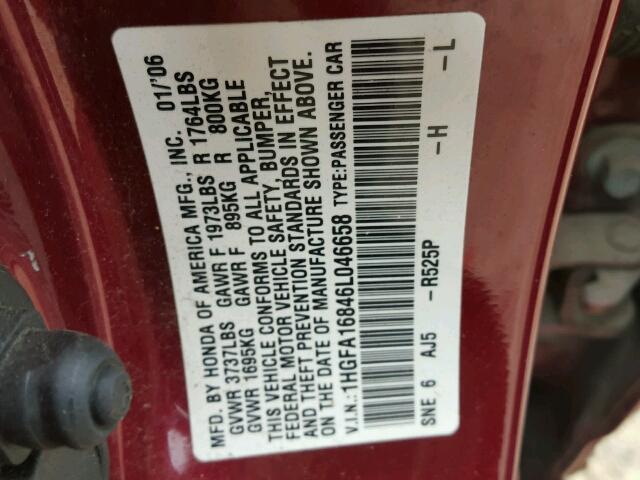 1HGFA16846L046658 - 2006 HONDA CIVIC EX MAROON photo 10