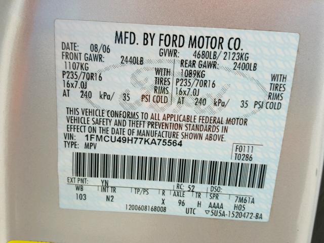 1FMCU49H77KA75564 - 2007 FORD ESCAPE HEV SILVER photo 10