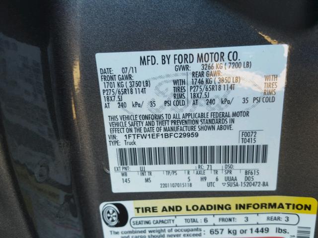 1FTFW1EF1BFC29959 - 2011 FORD F150 SUPER GRAY photo 10