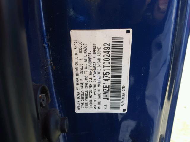 JHMZE14751T002492 - 2001 HONDA INSIGHT BLUE photo 10