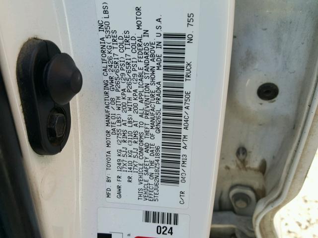 5TEJU62N18Z541896 - 2008 TOYOTA TACOMA DOU WHITE photo 10