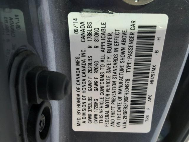 2HGFB2F90FH504978 - 2015 HONDA CIVIC EXL 银色 照片 10