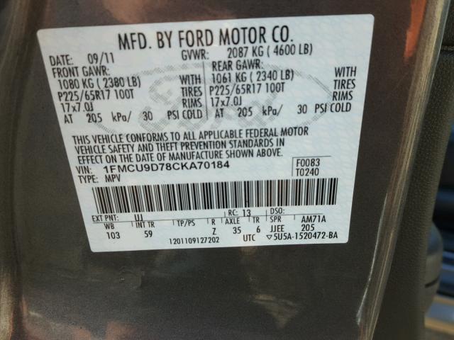 1FMCU9D78CKA70184 - 2012 FORD ESCAPE XLT GRAY photo 10