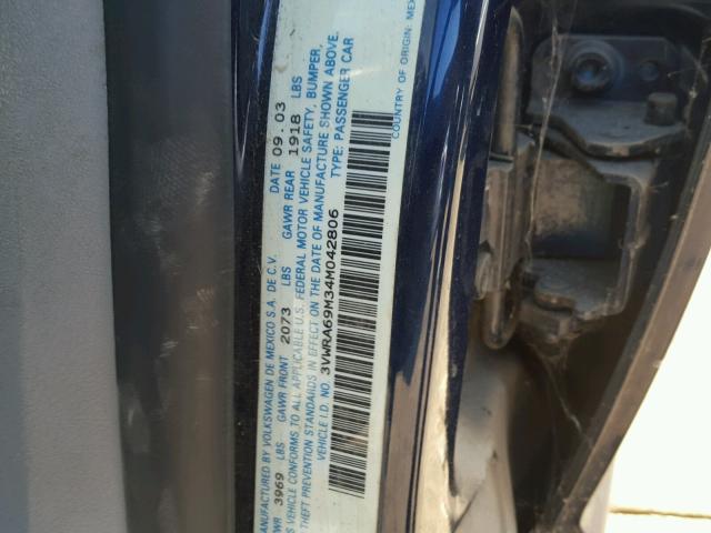 3VWRA69M34M042806 - 2004 VOLKSWAGEN JETTA GL BLUE photo 10