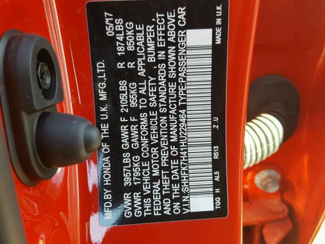 SHHFK7H41HU229464 - 2017 HONDA CIVIC SPOR RED photo 10