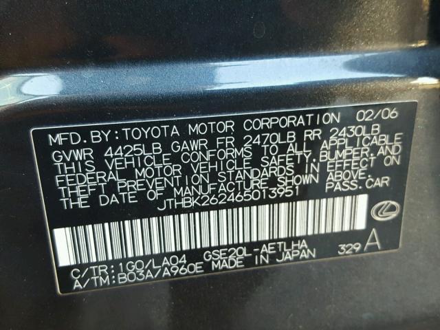 JTHBK262465013951 - 2006 LEXUS IS 250 CHARCOAL photo 10