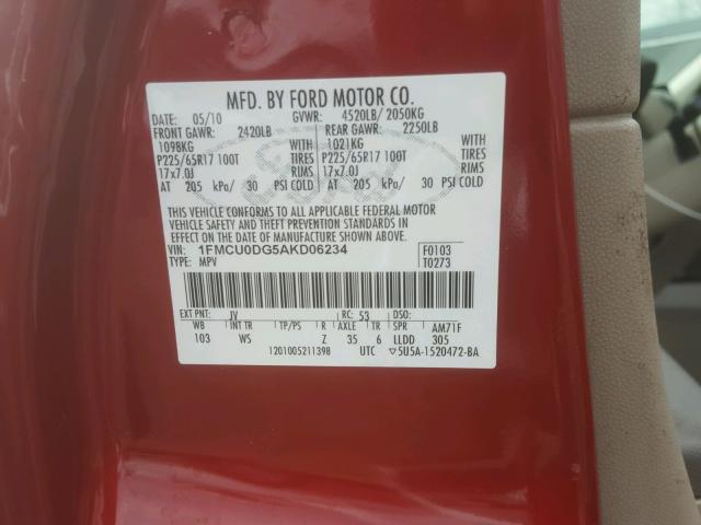 1FMCU0DG5AKD06234 - 2010 FORD ESCAPE XLT RED photo 10