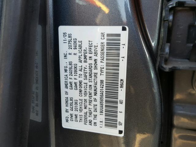 19UUA65656A014298 - 2006 ACURA 3.2TL CHARCOAL photo 10