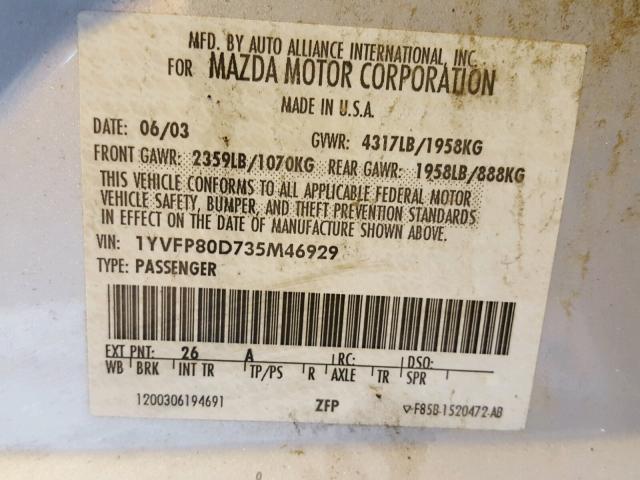 1YVFP80D735M46929 - 2003 MAZDA 6 S SILVER photo 10