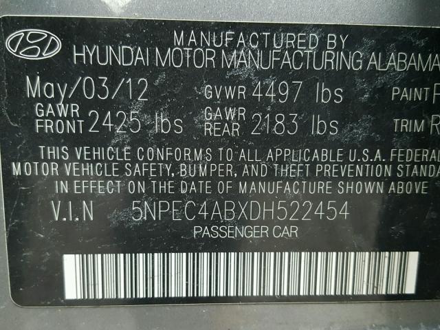 5NPEC4ABXDH522454 - 2013 HYUNDAI SONATA SE GRAY photo 10