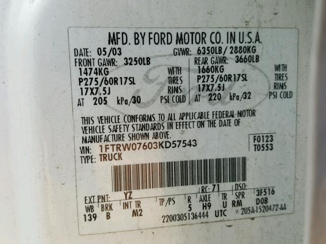 1FTRW07603KD57543 - 2003 FORD F150 SUPER WHITE photo 10