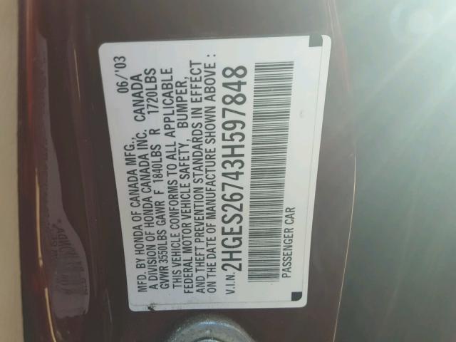 2HGES26743H597848 - 2003 HONDA CIVIC EX მუქწითელი ფოტო 10