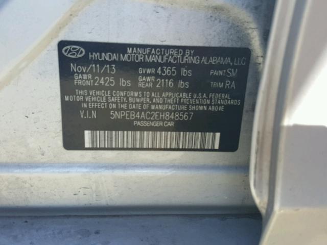 5NPEB4AC2EH848567 - 2014 HYUNDAI SONATA GLS SILVER photo 10