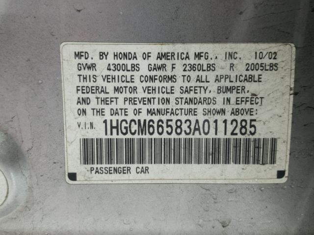 1HGCM66583A011285 - 2003 HONDA UK SILVER photo 10