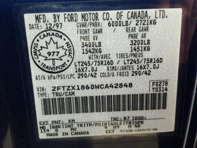 2FTZX1860WCA42848 - 1998 FORD F150 BLUE photo 10