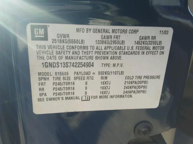 1GNDS13S742254904 - 2004 CHEVROLET TRAILBLAZE BLUE photo 10