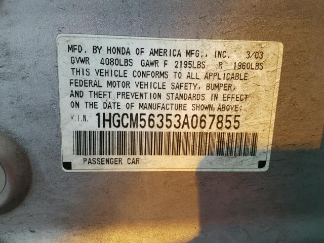 1HGCM56353A067855 - 2003 HONDA ACCORD LX SILVER photo 10