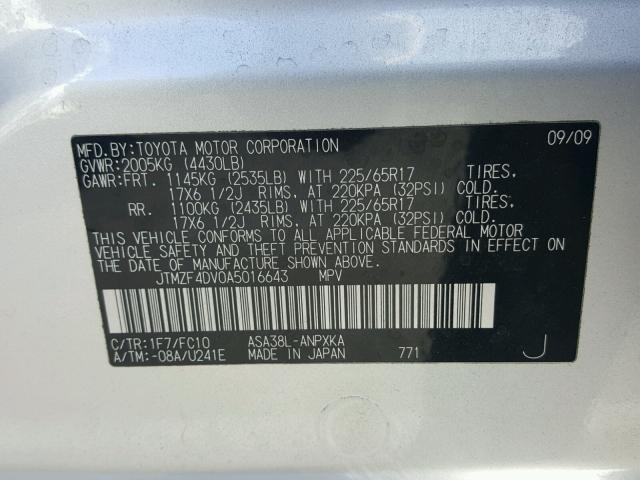 JTMZF4DV0A5016643 - 2010 TOYOTA RAV4 SILVER photo 10