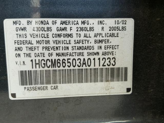 1HGCM66503A011233 - 2003 HONDA ACCORD EX BLACK photo 10