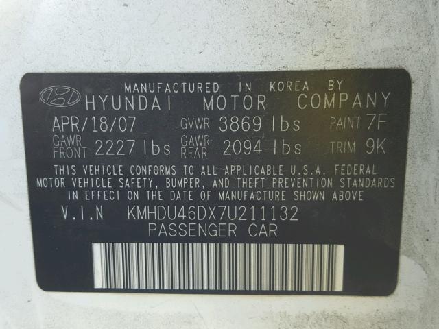 KMHDU46DX7U211132 - 2007 HYUNDAI ELANTRA GL WHITE photo 10