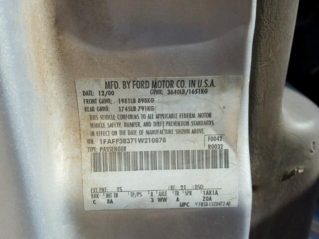 1FAFP38371W210878 - 2001 FORD FOCUS ZTS SILVER photo 10