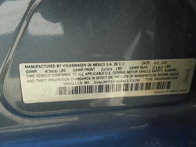 3VWJM71K48M117376 - 2008 VOLKSWAGEN JETTA S GRAY photo 10