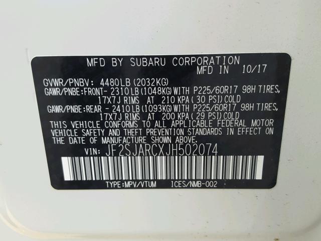 JF2SJARCXJH502074 - 2018 SUBARU FORESTER 2 WHITE photo 10