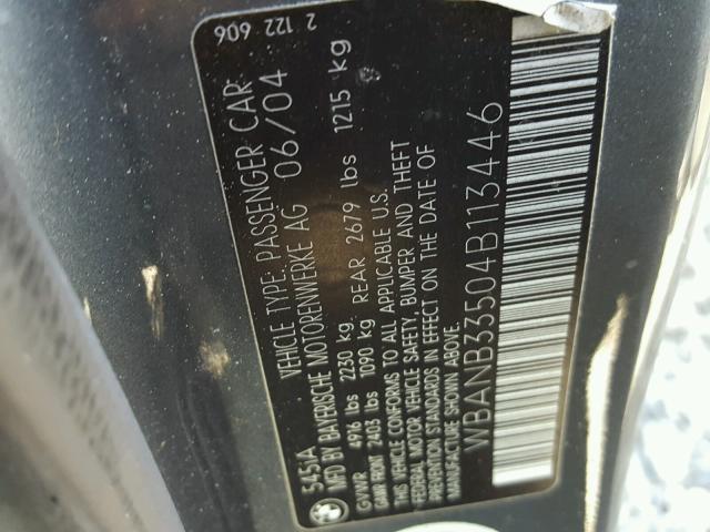 WBANB33504B113446 - 2004 BMW 545 I GRAY photo 10