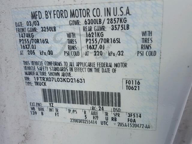 1FTRX07L03KD21631 - 2003 FORD F150 Beyaz fotoğraf 10