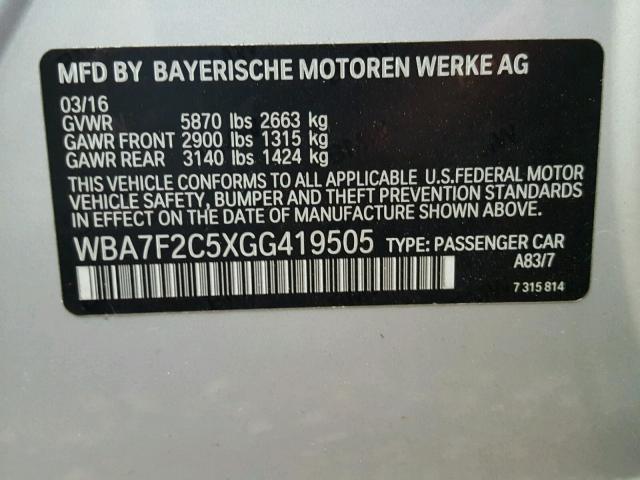 WBA7F2C5XGG419505 - 2016 BMW 750 XI SILVER photo 10