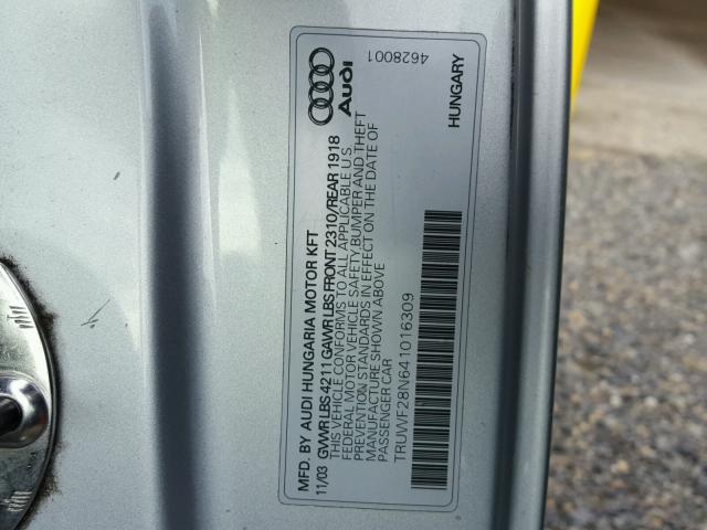 TRUWF28N641016309 - 2004 AUDI TT 3.2 QUA SILVER photo 10