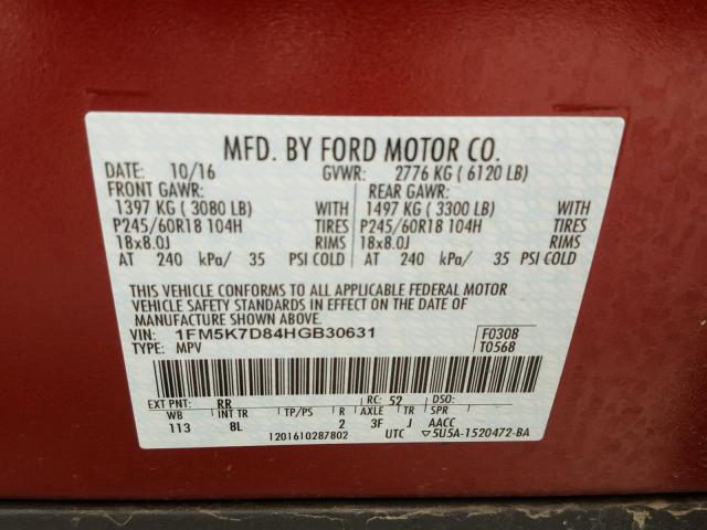 1FM5K7D84HGB30631 - 2017 FORD EXPLORER X RED photo 10