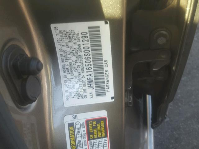 JHMFA16506S001290 - 2006 HONDA CIVIC LX GRAY photo 10