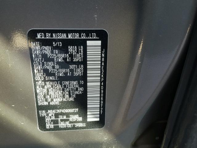 JN8AE2KP4D9069727 - 2013 NISSAN QUEST S SILVER photo 10