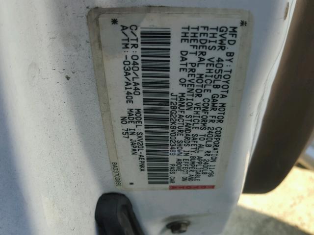 JT2BG22K8V0023489 - 1997 TOYOTA CAMRY LE WHITE photo 10