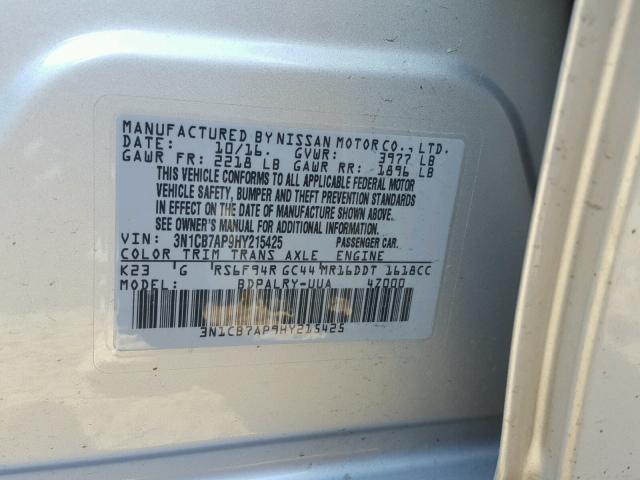 3N1CB7AP9HY215425 - 2017 NISSAN SENTRA SR SILVER photo 10