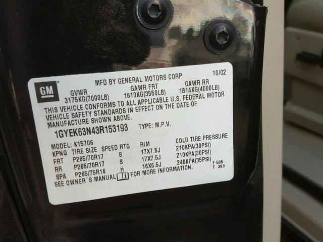 1GYEK63N43R153193 - 2003 CADILLAC ESCALADE L BLACK photo 10