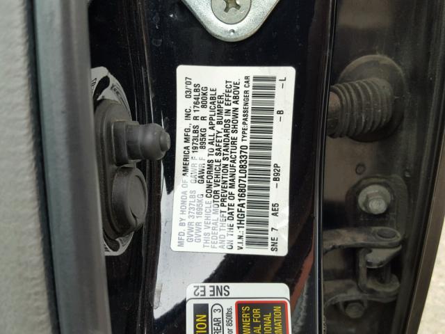 1HGFA16807L083370 - 2007 HONDA CIVIC EX BLACK photo 10