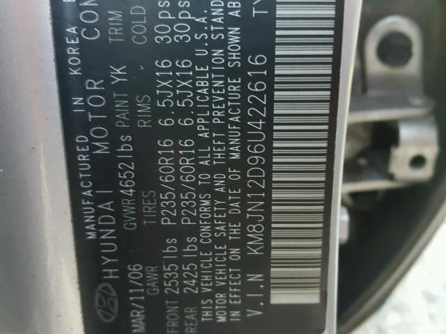 KM8JN12D96U422616 - 2006 HYUNDAI TUCSON GLS GRAY photo 10