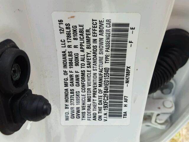 19XFC2F84HE015940 - 2017 HONDA CIVIC EX თეთრი ფოტო 10