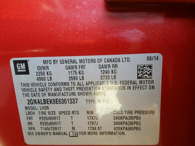 2GNALBEK8E6361337 - 2014 CHEVROLET EQUINOX LT RED photo 10